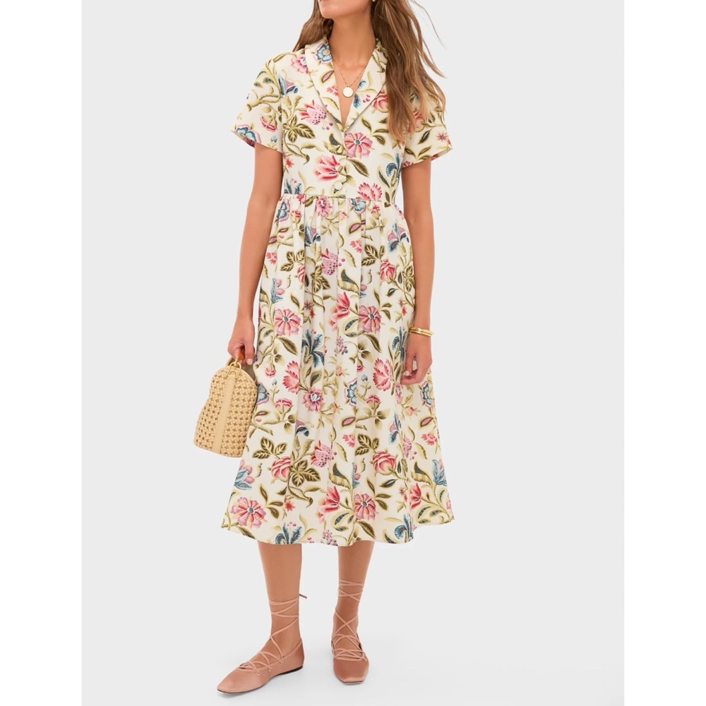 Tuckernuck Cream Floral Midi Dress with Pink and Blue Blooms